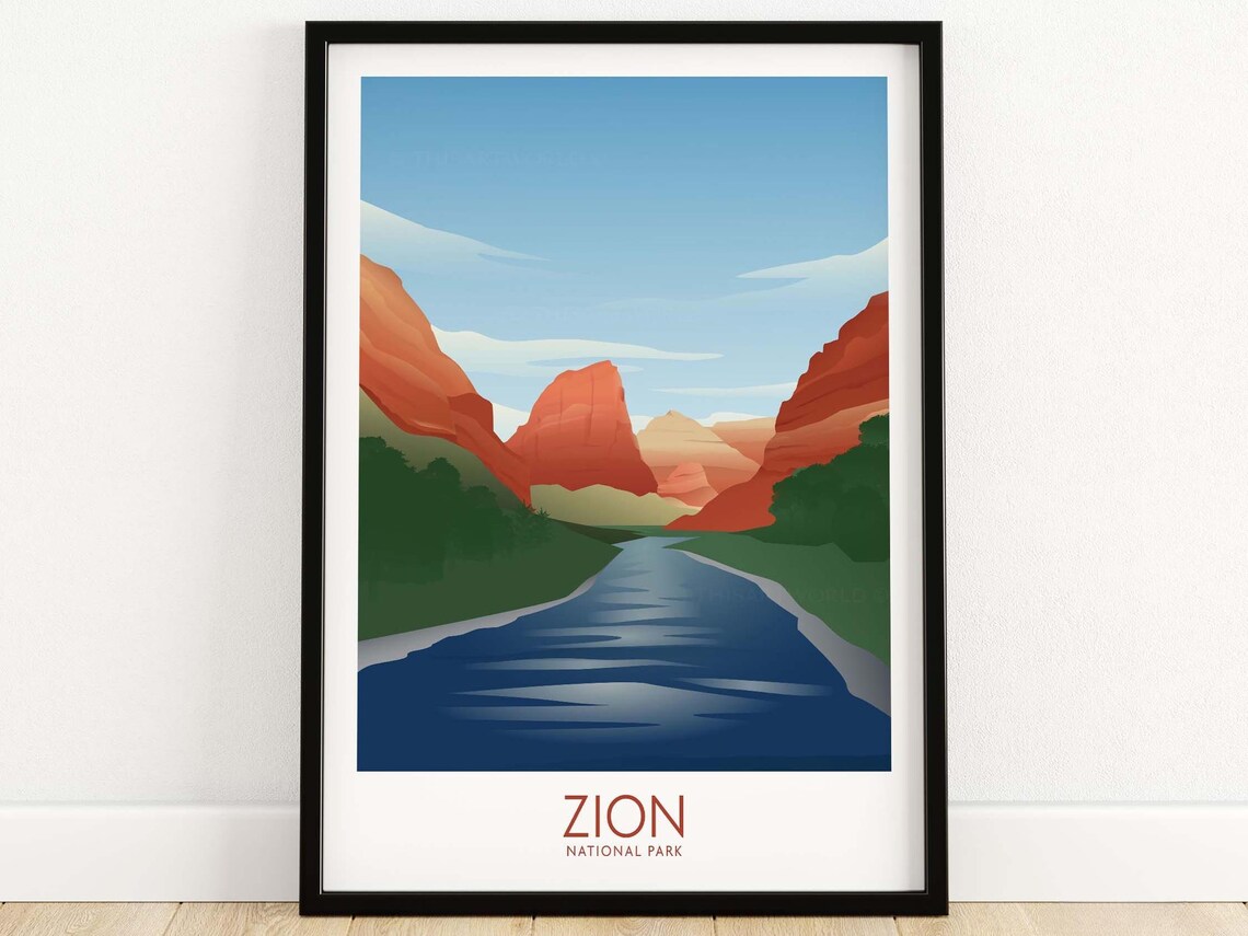 Zion National Park Red Rock Canyon River Valley Minimalist Travel Poster