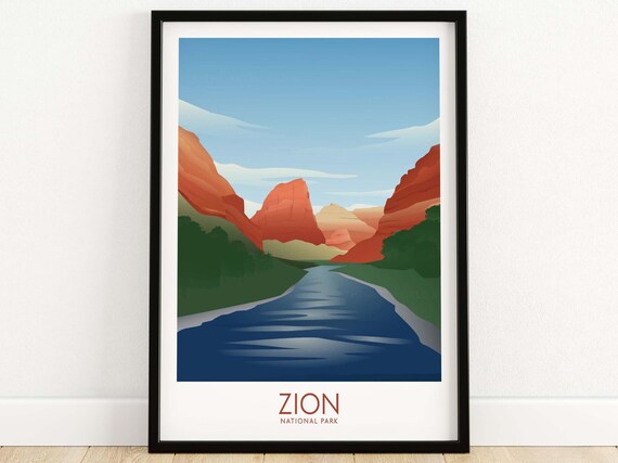 Zion National Park Red Rock Canyon River Valley Minimalist Travel Poster