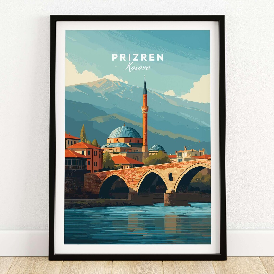 Prizren Kosovo Stone Bridge Mosque Vintage Travel Art Poster