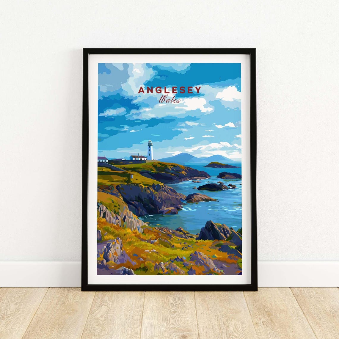 Anglesey Wales Lighthouse Rocky Cliffs Bright Day Travel Poster