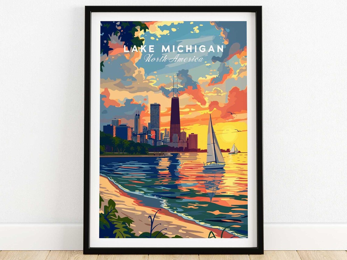 Lake Michigan North America Chicago Skyline Sunset Sailboat Poster