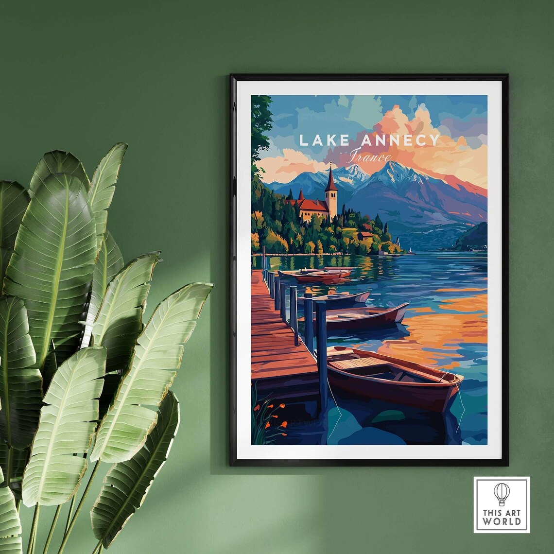 Lake Annecy France Sunset Boats Dock Mountain Lake Travel Poster - Image 2