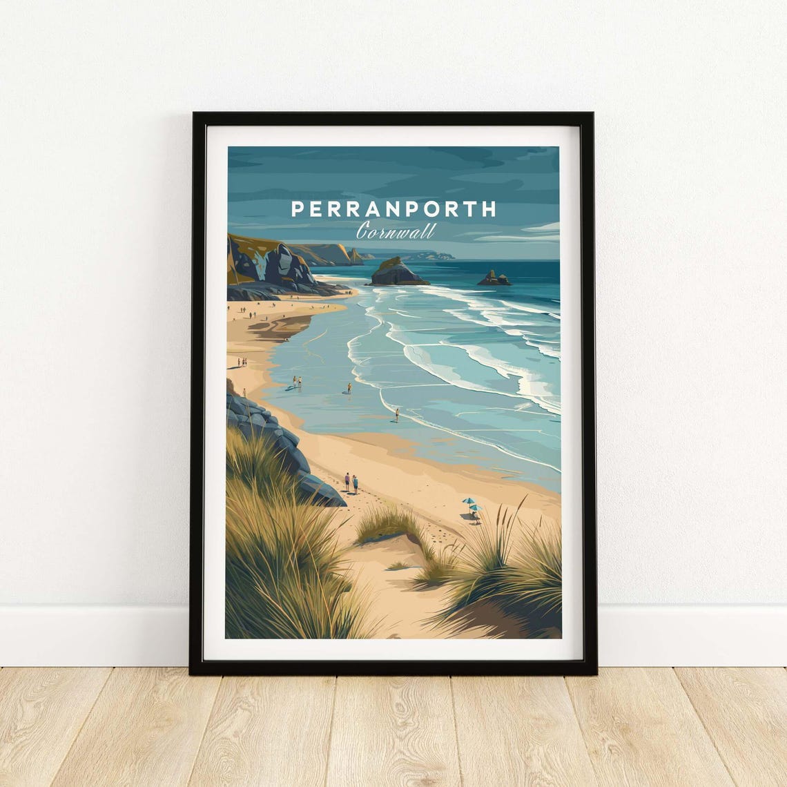 Perranporth Cornwall Sandy Beach Dunes Vintage Coastal Travel Poster