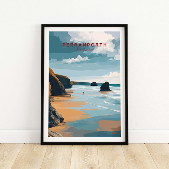 Perranporth Cornwall Beach Cliffs Golden Sand Sea Stacks Travel Poster