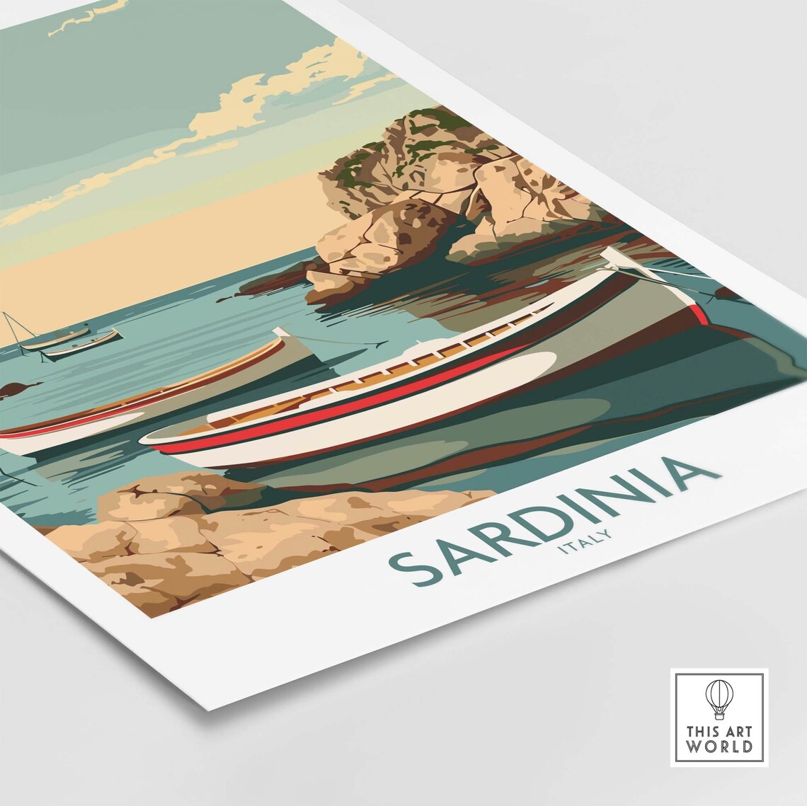 Sardinia Italy Fishing Boats Rocky Cove Sunset Calm Sea Poster - Image 4