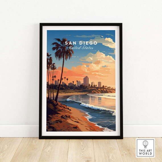 San Diego Sunset Beach Palm Trees Ocean Waves Retro Travel Poster