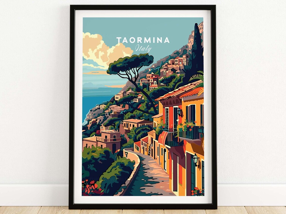 Taormina Sicily Hillside Coastline Vintage Italy Travel Poster