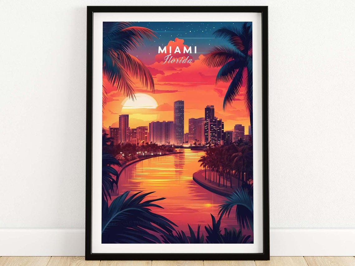 Miami Florida Sunset Skyline Palm Trees Glowing River View Poster