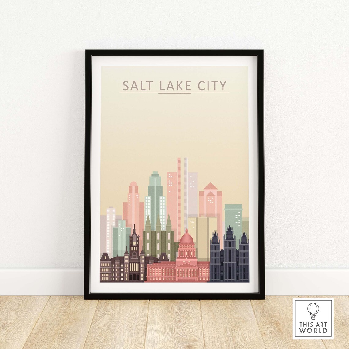 Salt Lake City Utah Pastel Skyline Historic Cityscape Travel Poster