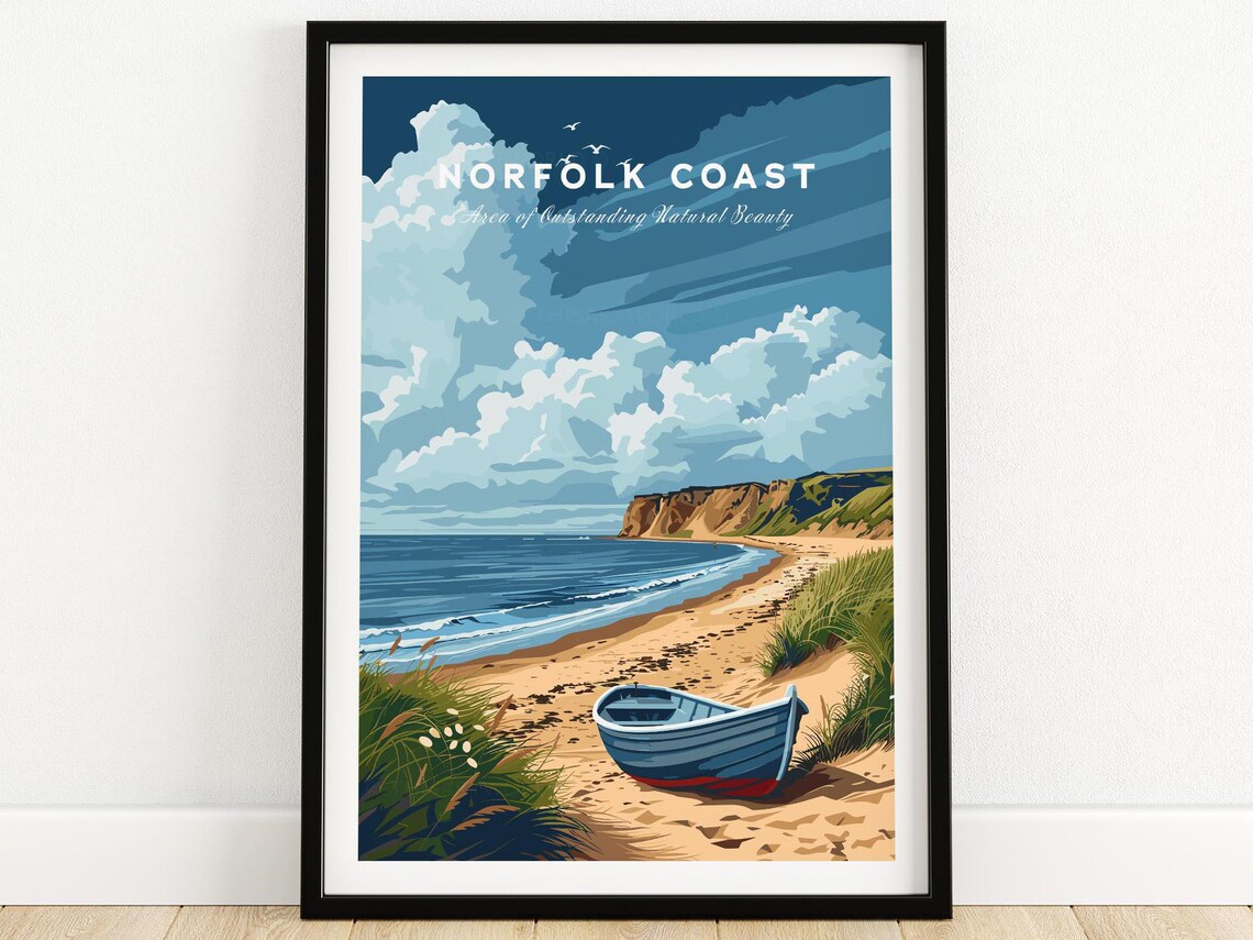 Blue Norfolk Coast England Beach Boat Sand Dunes Retro Poster