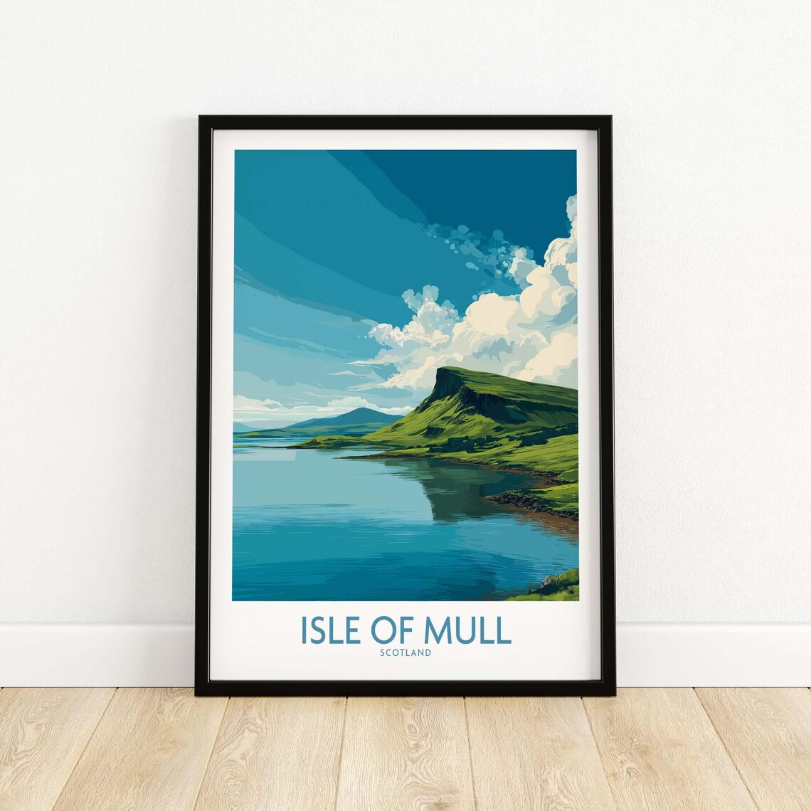 Isle Of Mull Scotland Green Hills Still Lake Daytime Travel Poster