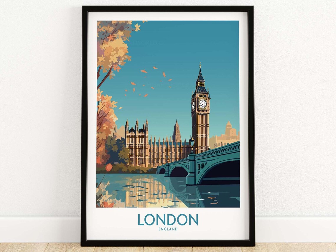 London Big Ben Autumn Thames Riverside England Travel Poster