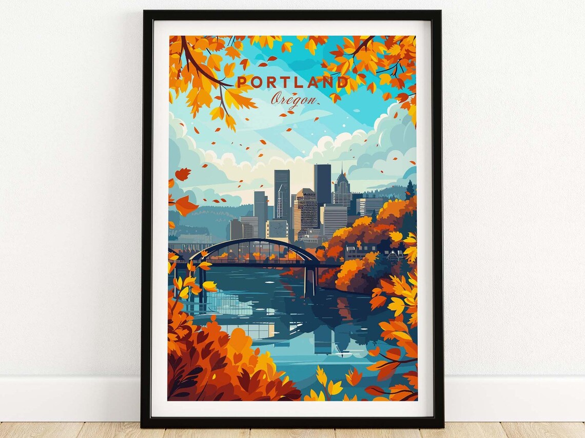 Portland Oregon Autumn Leaves Skyline Bridge River Fall Art Poster