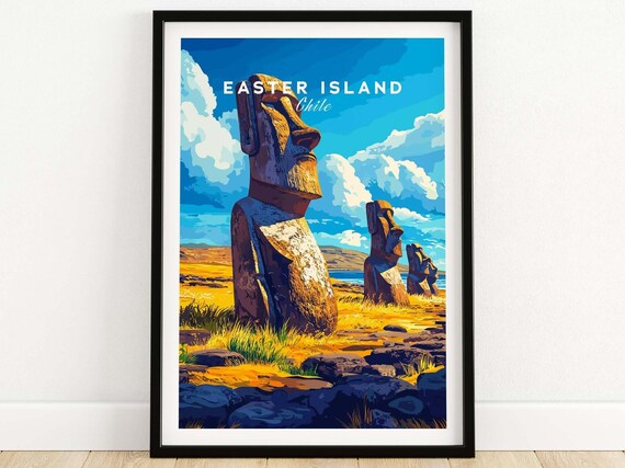Ancient Easter Island Chile Moai Stone Statues Coast Travel Poster
