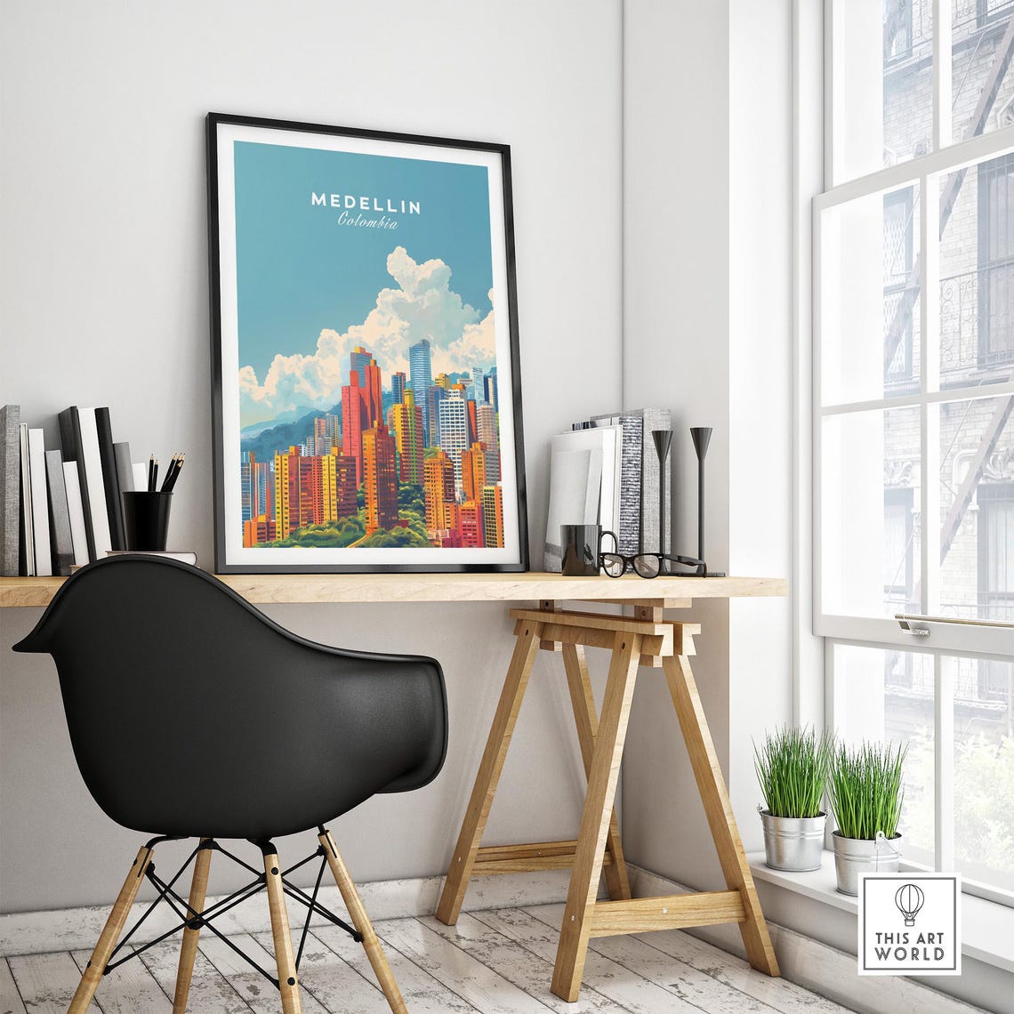 Medellin Colombia City Skyline Mountain Clouds Modern Art Poster - Image 4