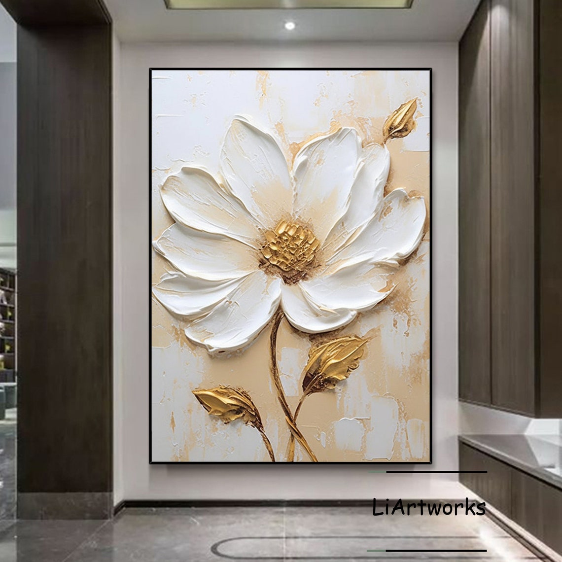 White Flower With Gold Leaves 3D Textured Floral Abstract Poster - Image 3