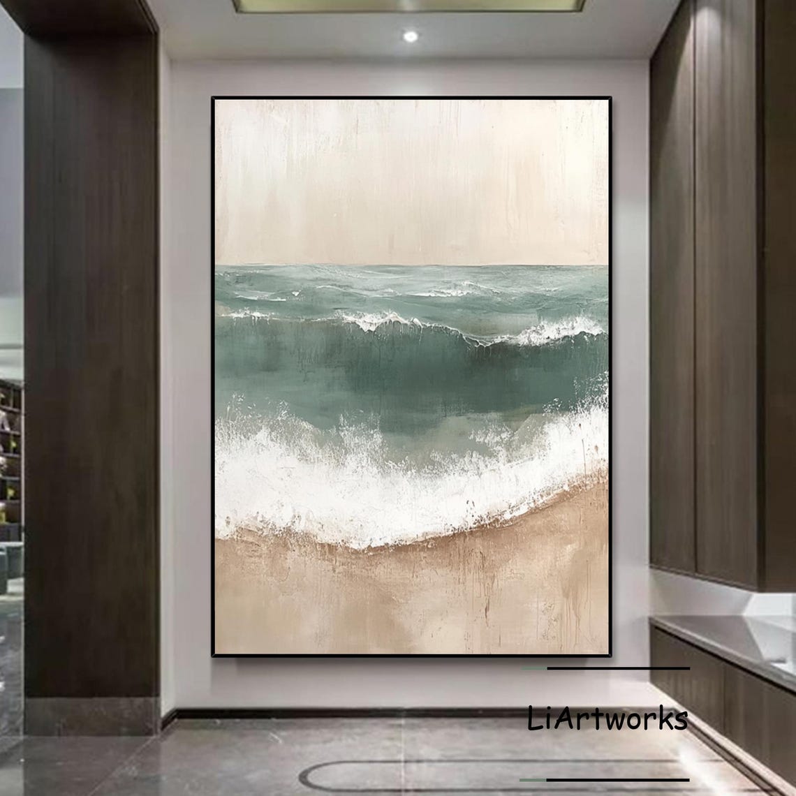 Emerald Ocean Waves On Beige Sand Minimalist Coastal Art Poster - Image 4
