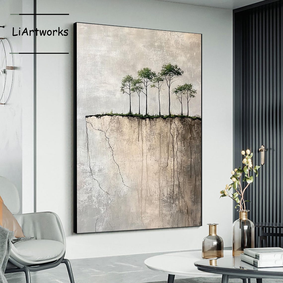 Five Small Green Trees on a Cliff Edge in Minimal Landscape Poster - Image 4