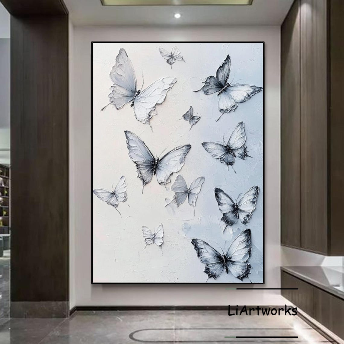 Ten White And Blue Butterflies 3D Textured Flight Art Poster - Image 3