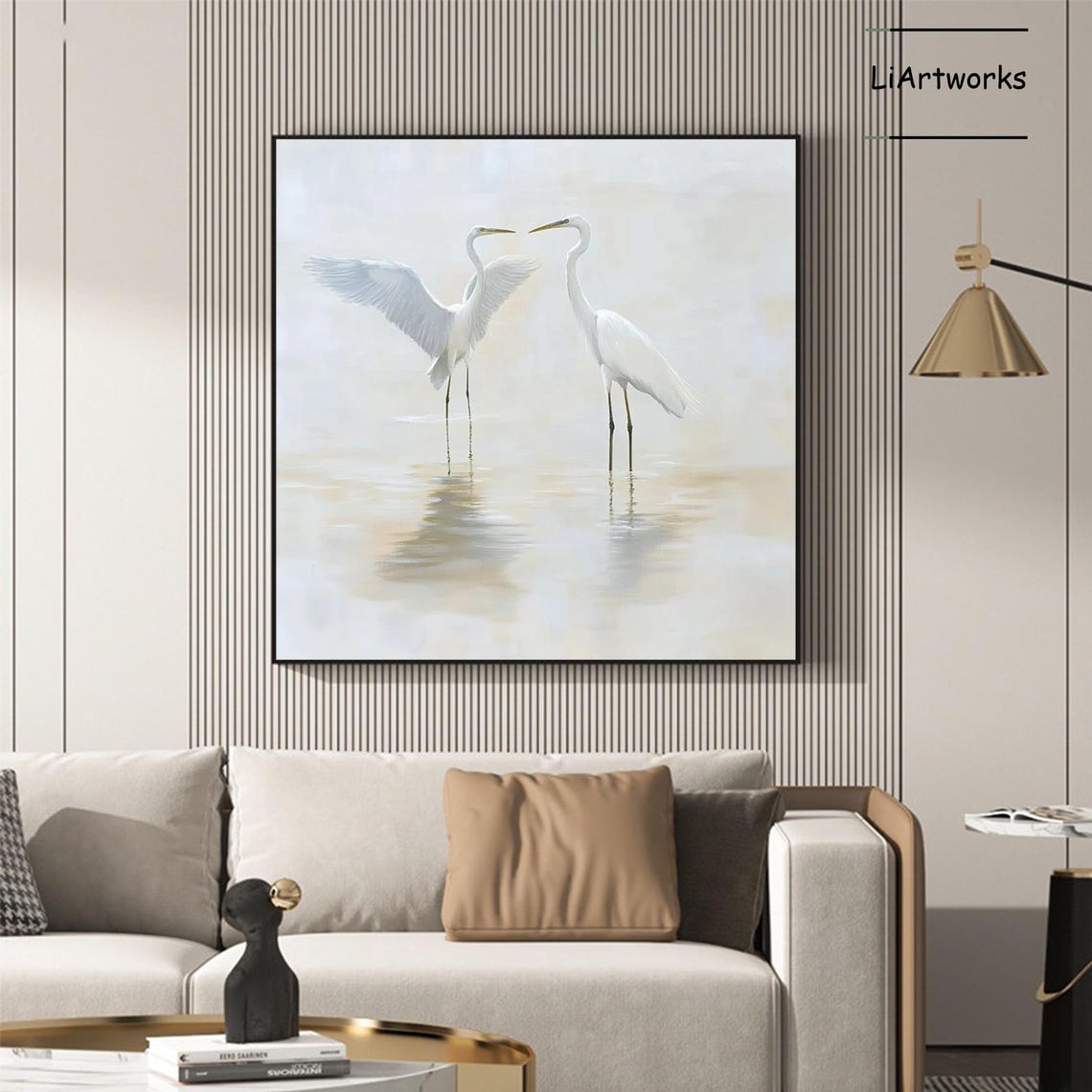 Two White Egrets Facing Each Other Calm Water Bird Art Poster - Image 4