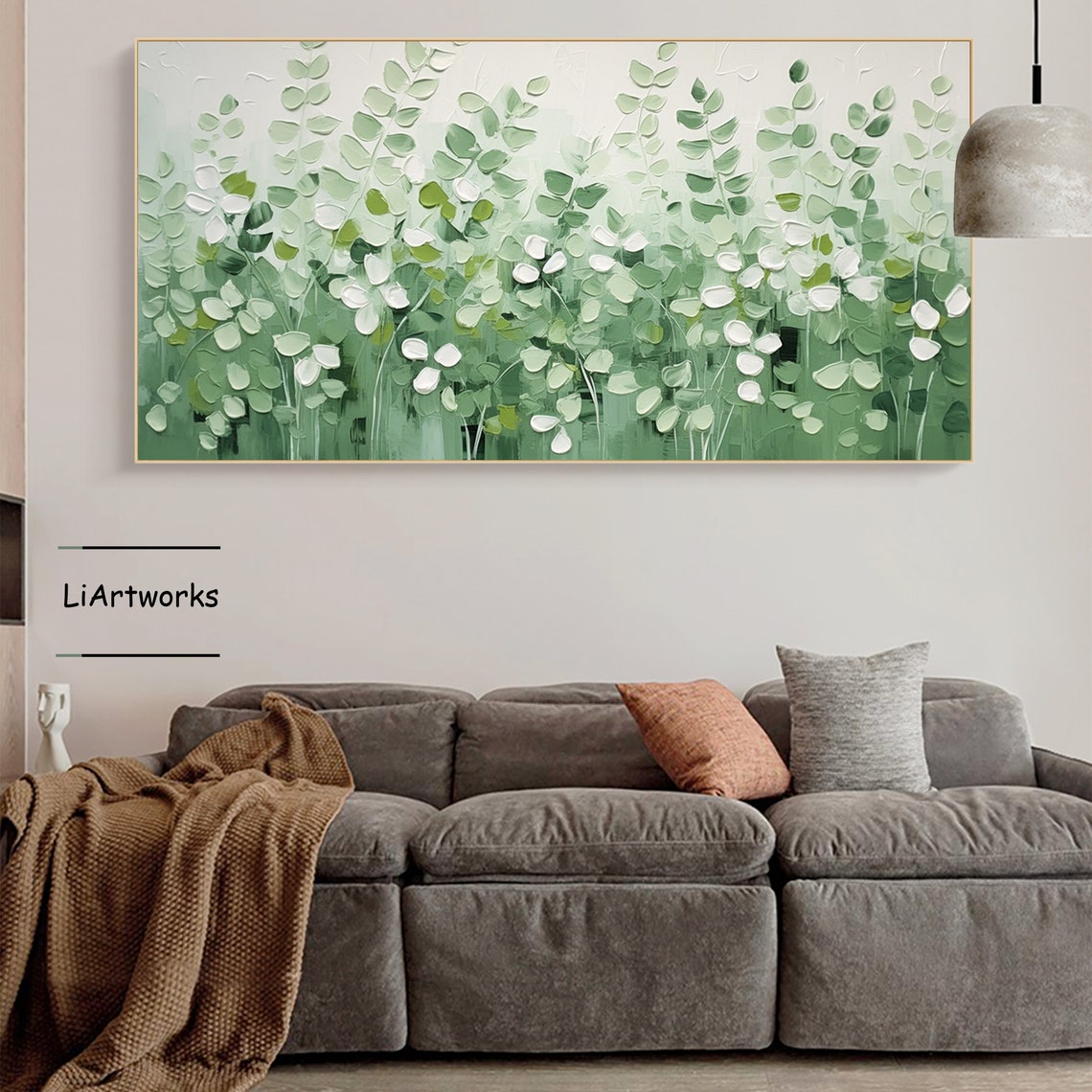 Green And White Leaf Meadow Textured Botanical Wide Art Poster - Image 3