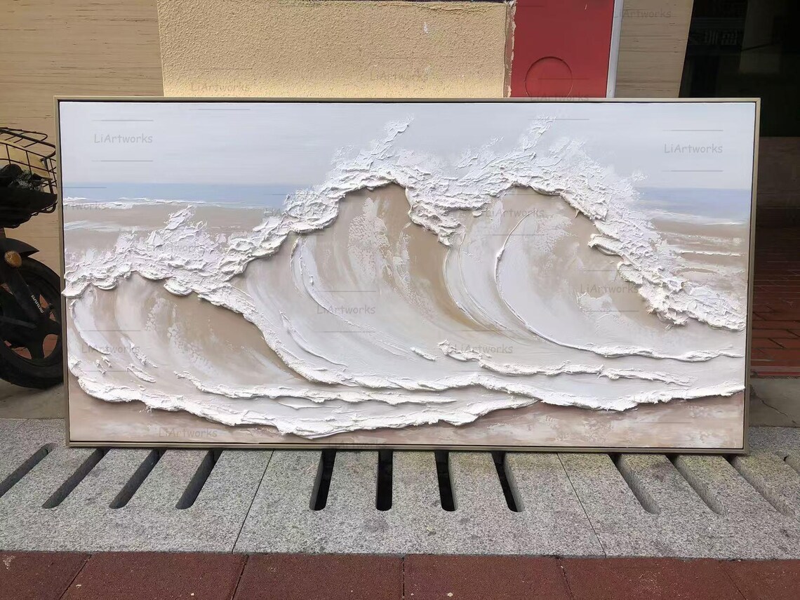 Golden Cream Wave Barrel Curling Under Soft Sky Impasto Art Poster - Image 2