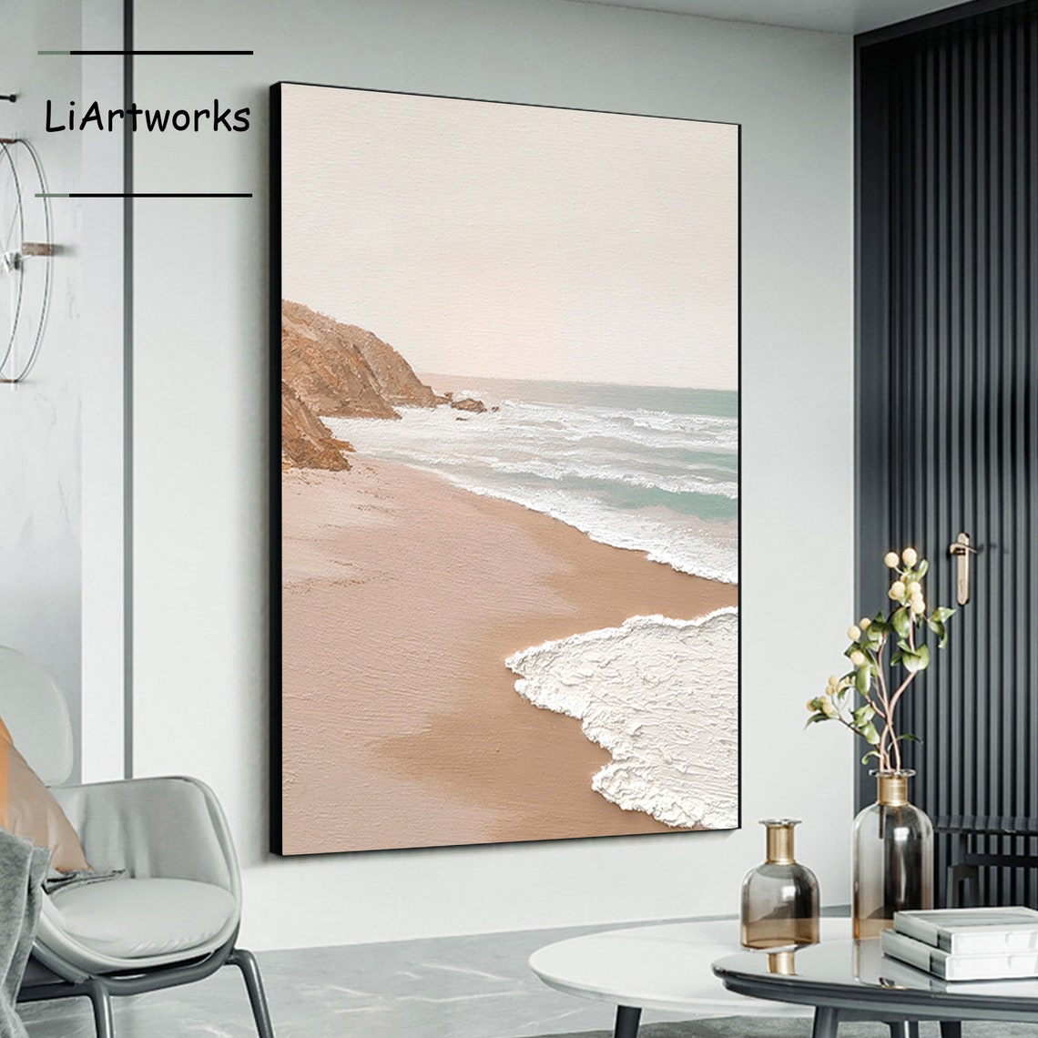 Minimalist Sandy Beach with Rocky Cliffs and Foam Waves Ocean Poster - Image 4