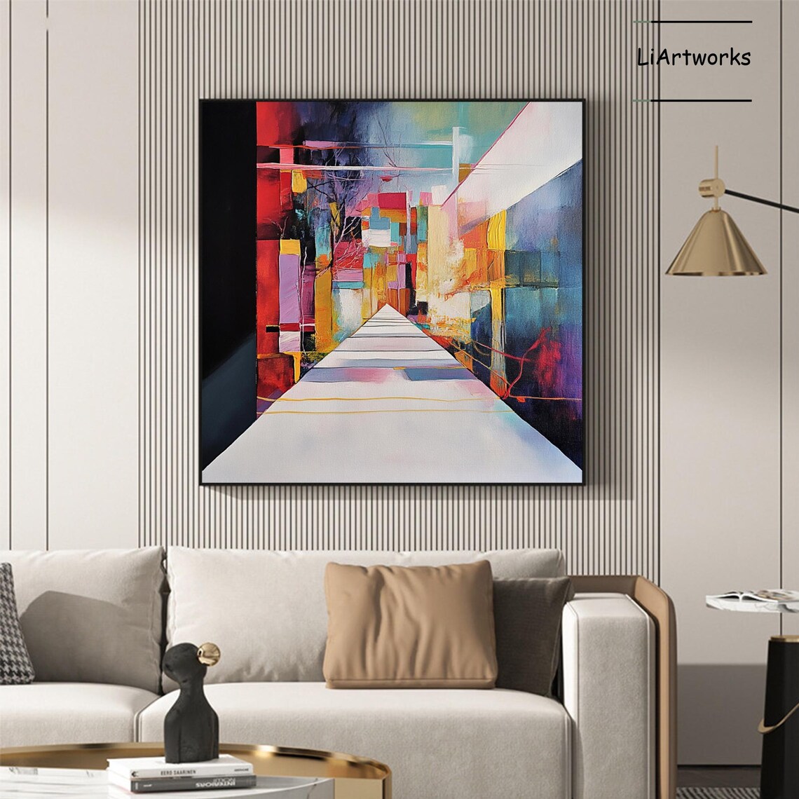 Vibrant Abstract City Alley in Bold Red Blue and Yellow Oil Art Poster - Image 4