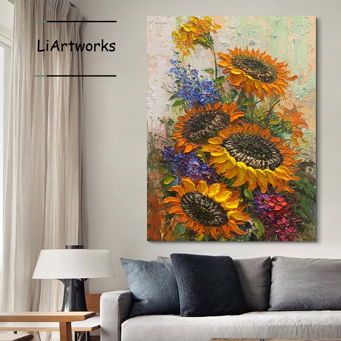 Impasto Sunflowers with Blue Blossoms Thick Texture Floral Art Poster - Image 3
