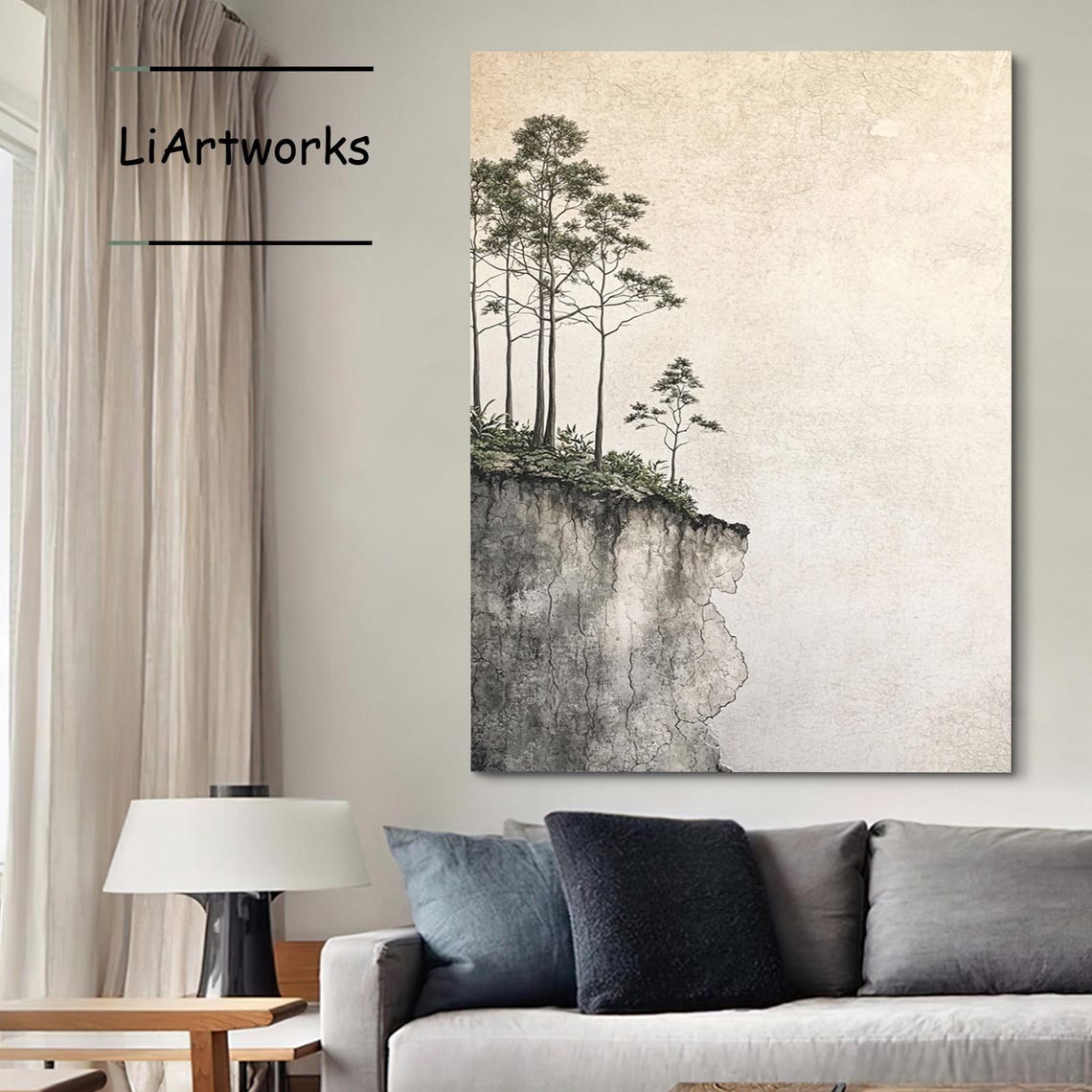 Tall Pine Trees Standing on a Rocky Cliff Edge in Neutral Tones Poster - Image 3