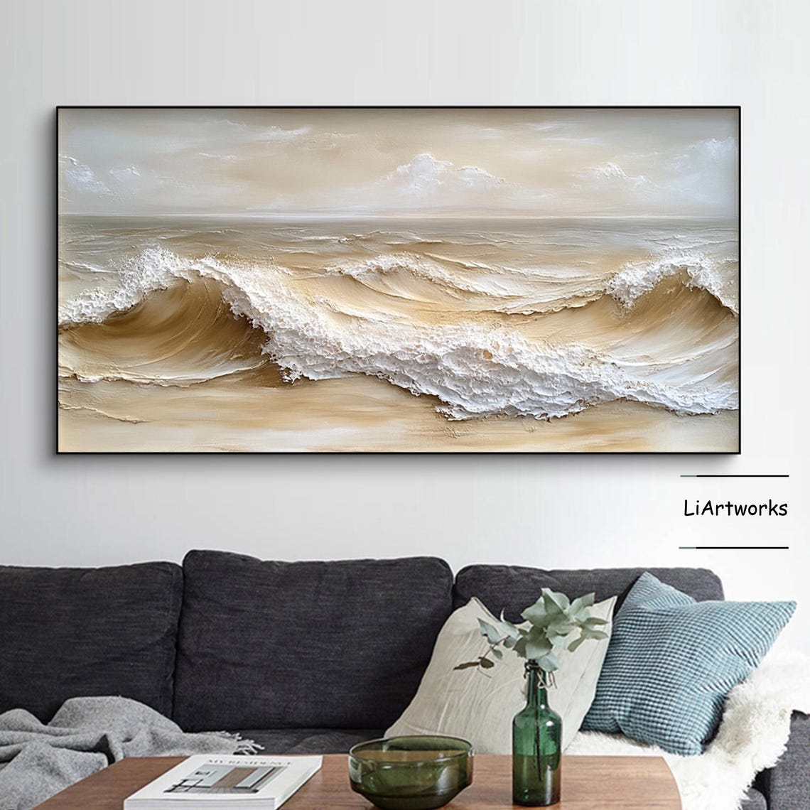 Golden Beach Wave Curling With White Foam Textured Art Poster - Image 2