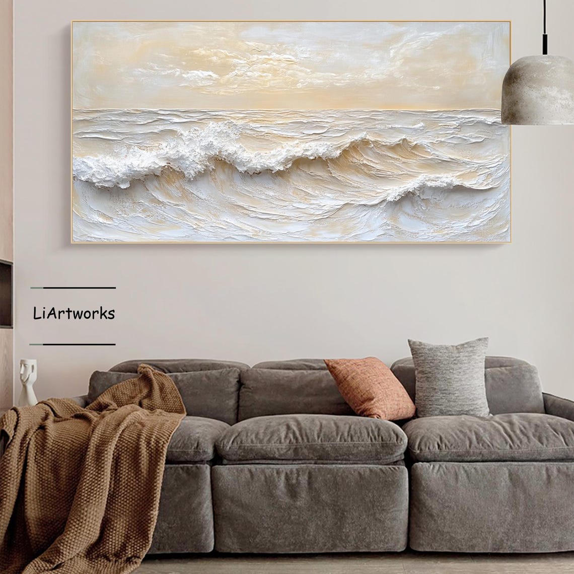 Beige Ocean Waves With White Foam Textured Coastal Art Poster - Image 4