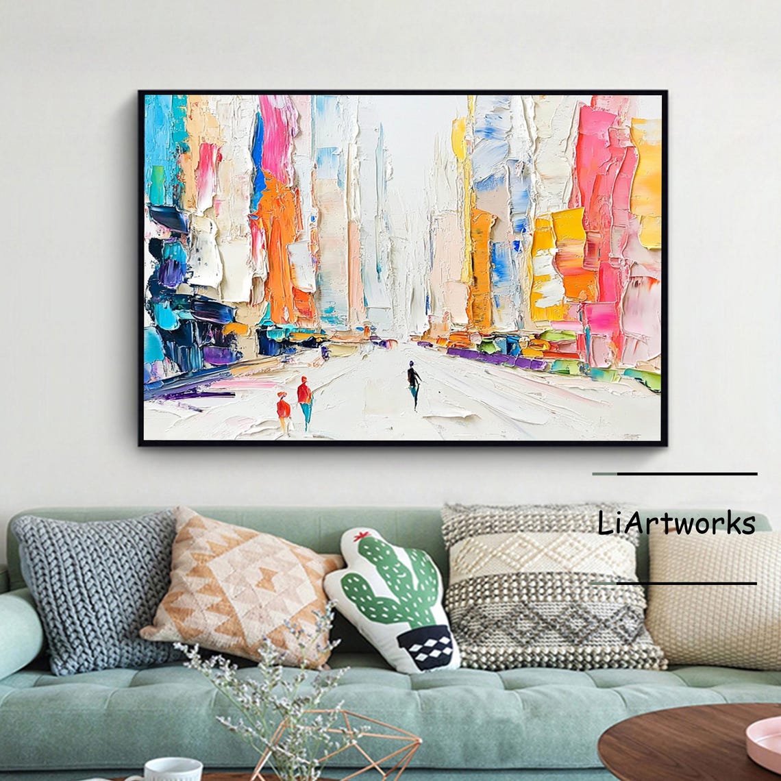 Colorful Impasto City Street With Tiny Figures and Wet Pavement Poster - Image 3