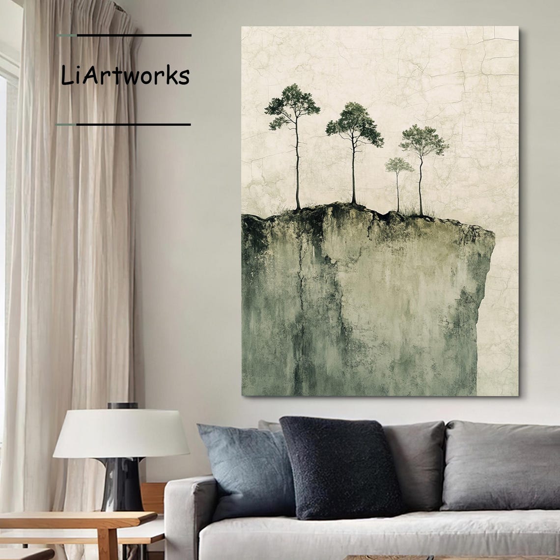 Large Green Abstract Landscape Oil Painting Original Trees Of Life Painting On Wabi Sabi Landscape Painting Living Room Wall Deocr - Image 3
