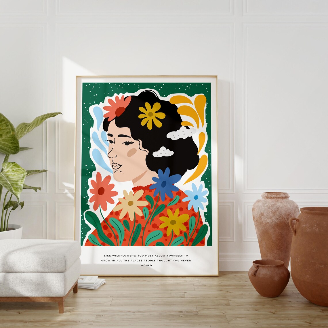 Like Wildflowers Quote Woman Portrait Colorful Floral Green Poster