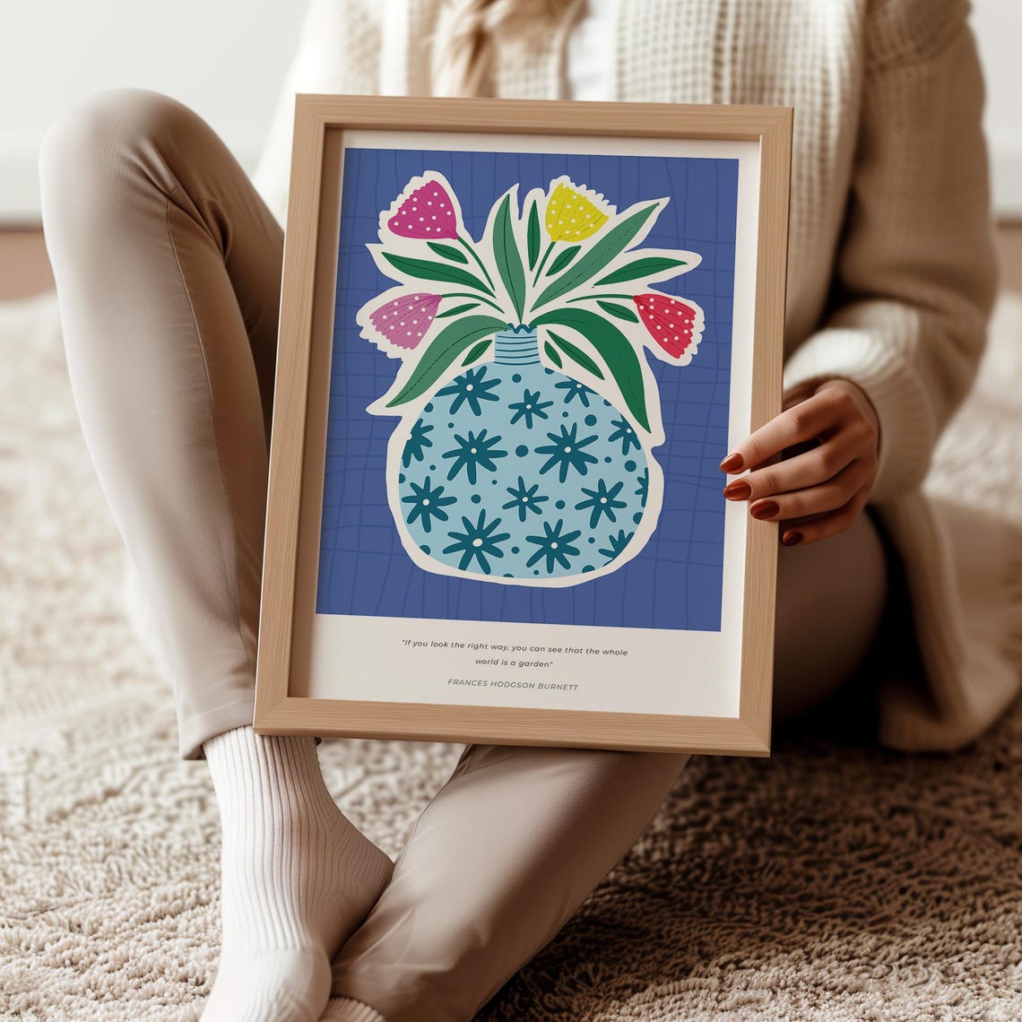 Whole World Is A Garden Tulip Quote Blue Vase Colorful Floral Poster - Image 3