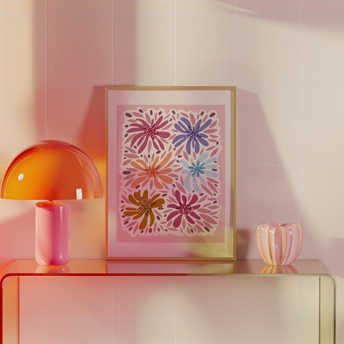 Six Colorful Retro Flowers Pink Background Boho Botanical Wall Art - Image 4