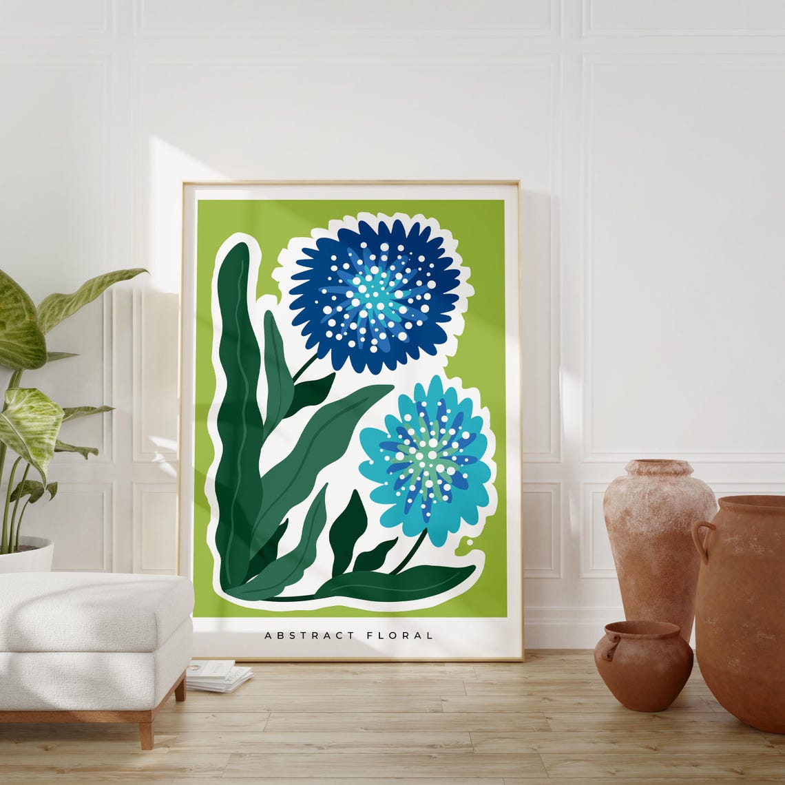 Abstract Floral Blue Blooms Green Background Modern Botanical Wall Art