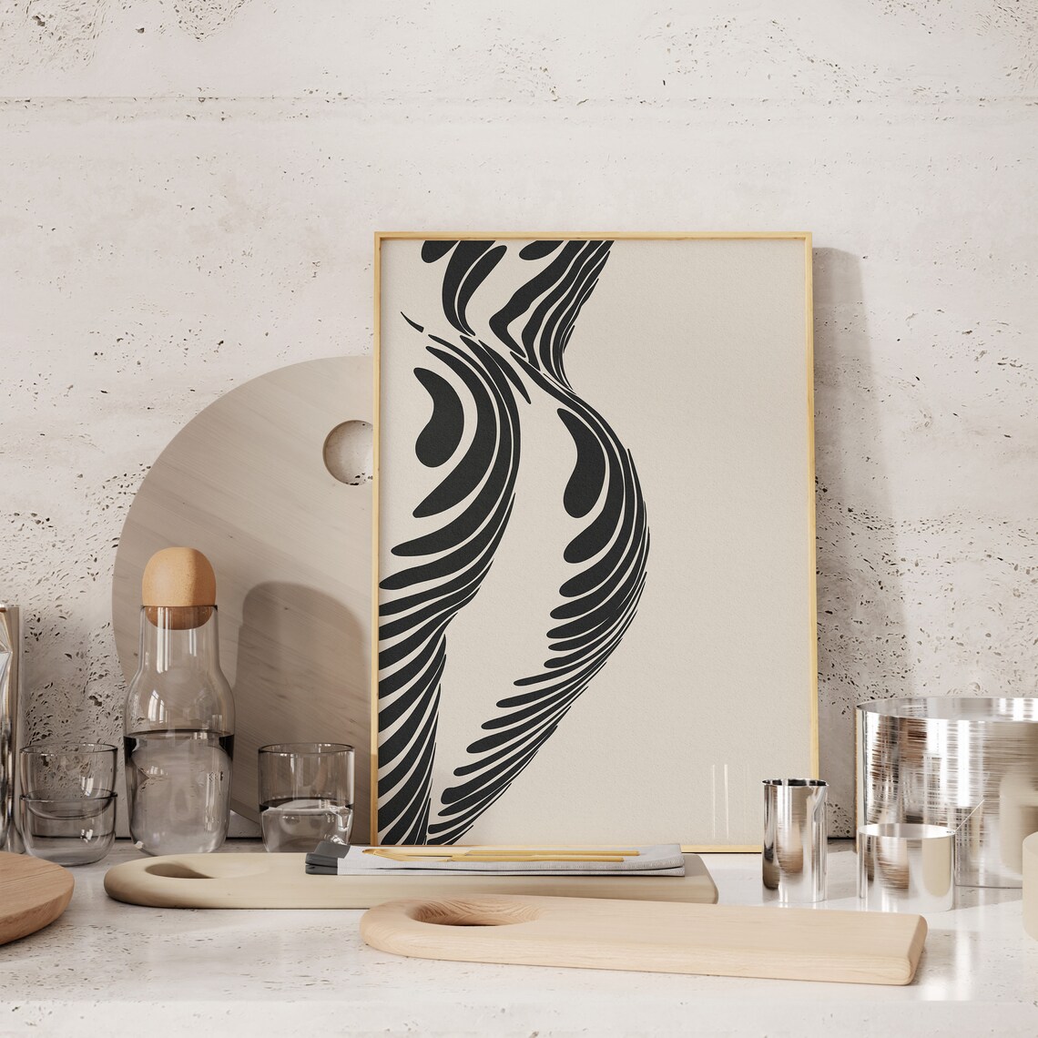 Abstract Female Body Line Art Bold Beige Black Modern Mid Century Print - Image 4