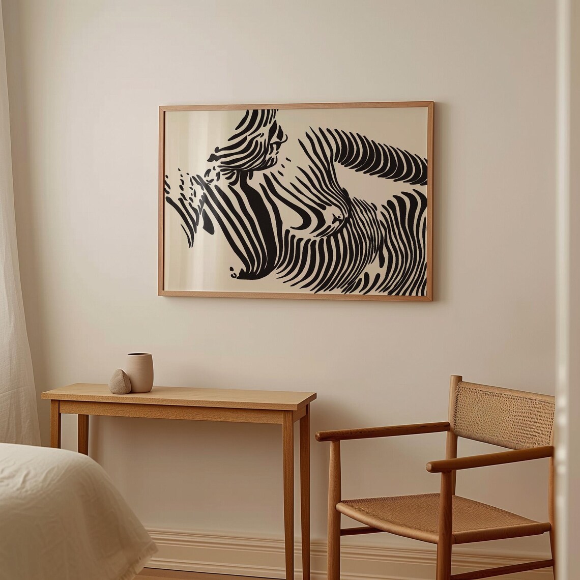 Reclining Woman Figure Wavy Black Line Art Beige Modern Abstract Print - Image 4
