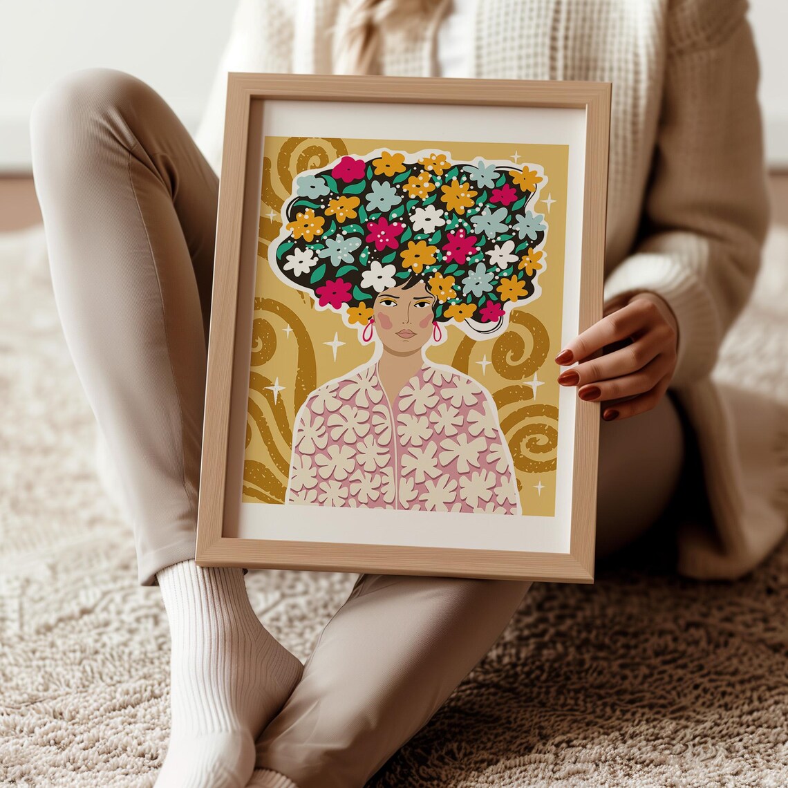 Woman Floral Hair Portrait Gold Background Bohemian Botanical Wall Art - Image 3
