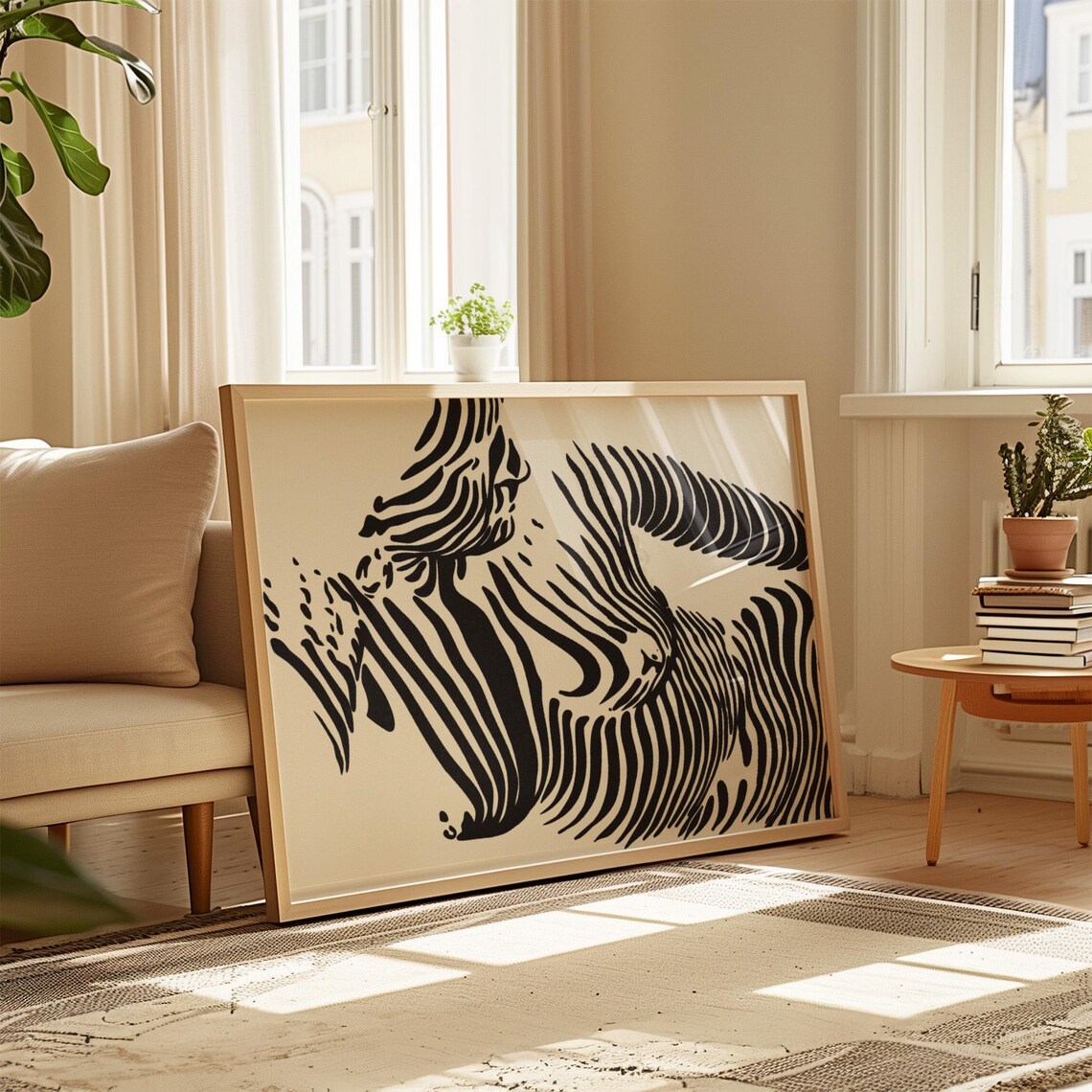 Reclining Woman Figure Wavy Black Line Art Beige Modern Abstract Print