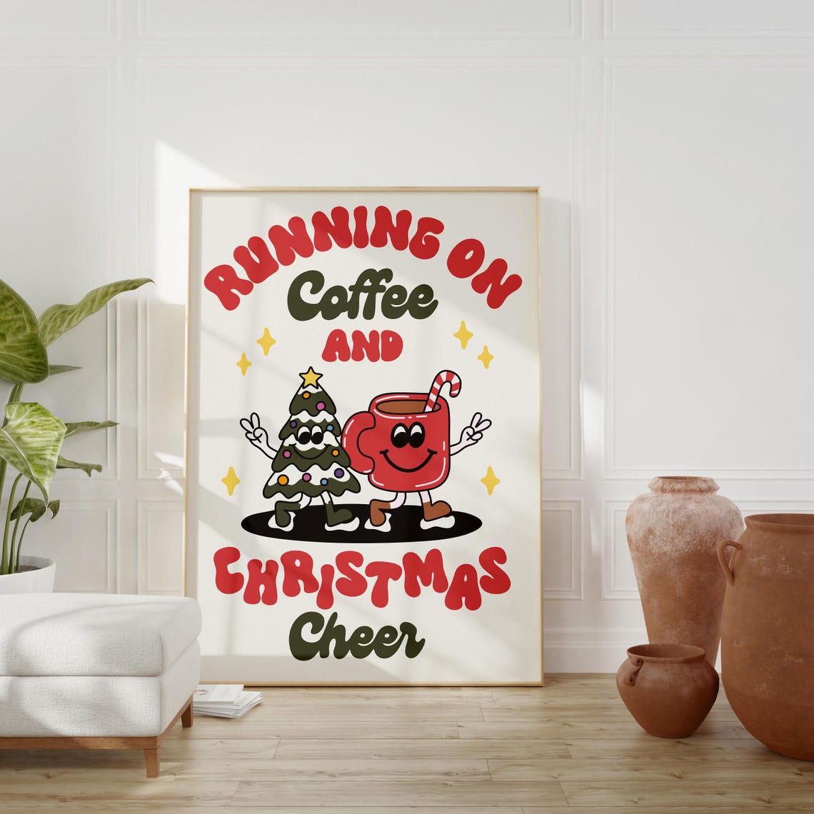 Running On Coffee And Christmas Cheer Retro Mascot Holiday Poster