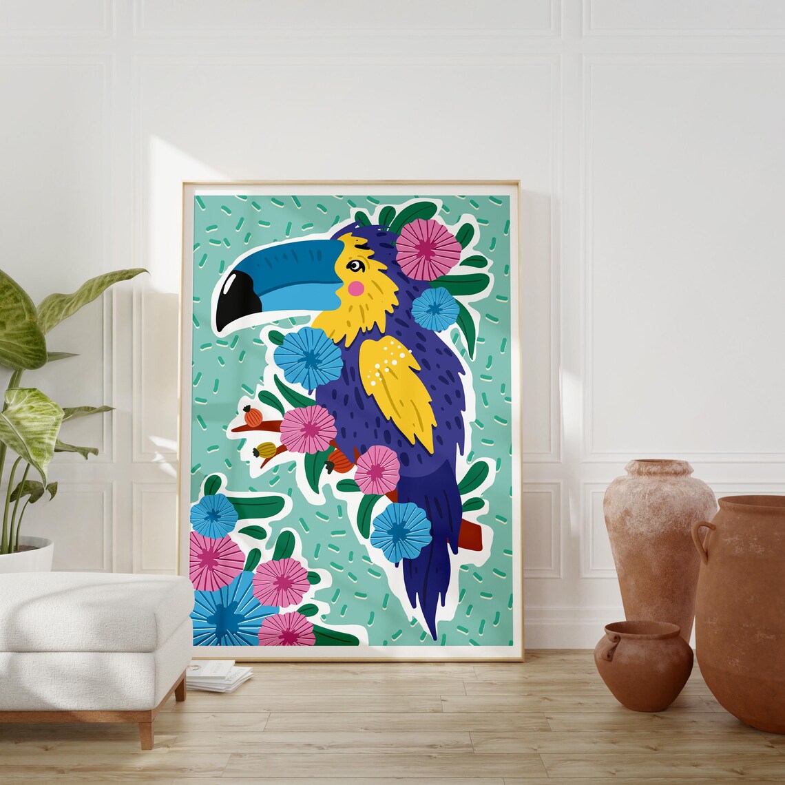 Colorful Toucan Tropical Bird Flower Folk Art Jungle Wildlife Poster
