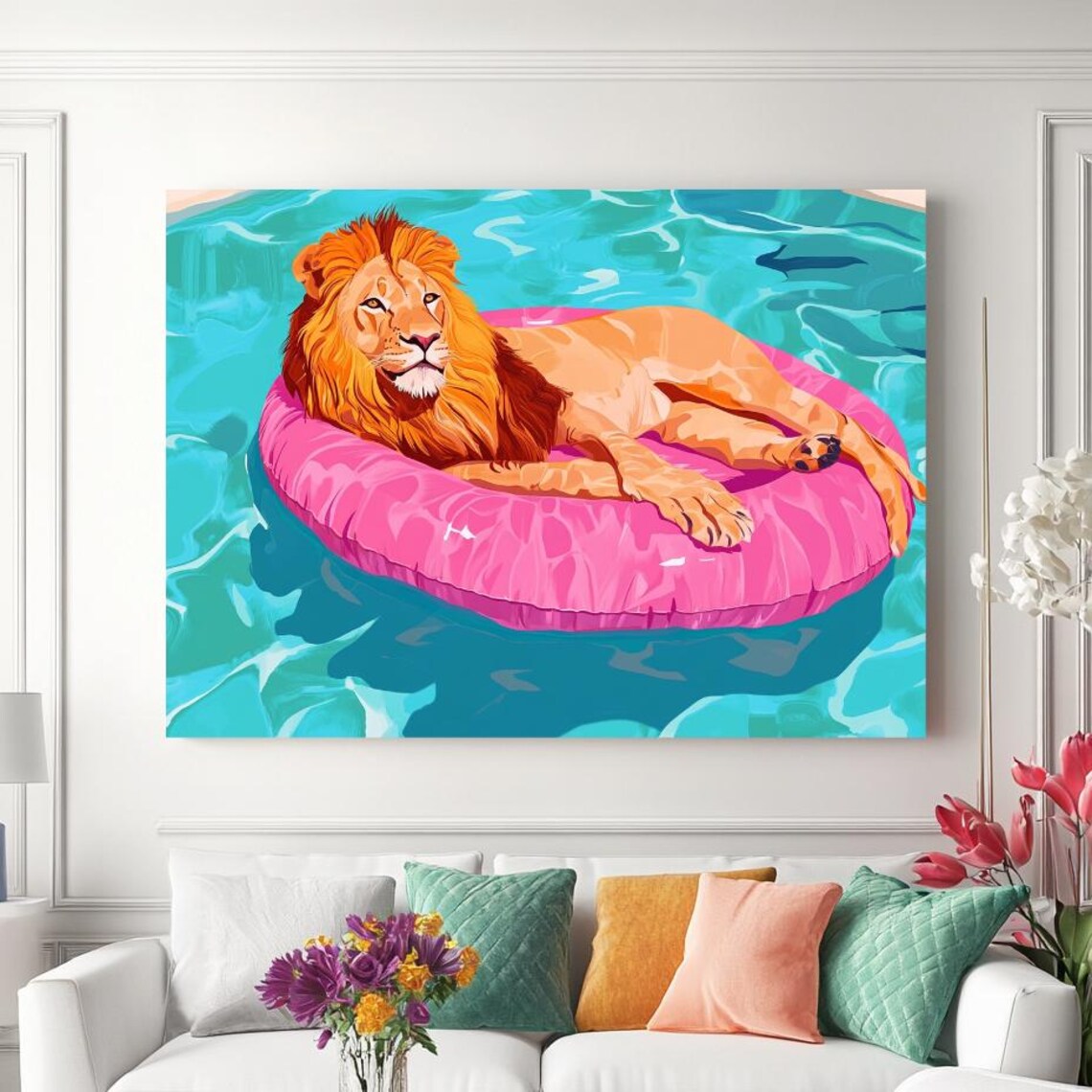 Lion With Pink Floaty, Modern Art Print