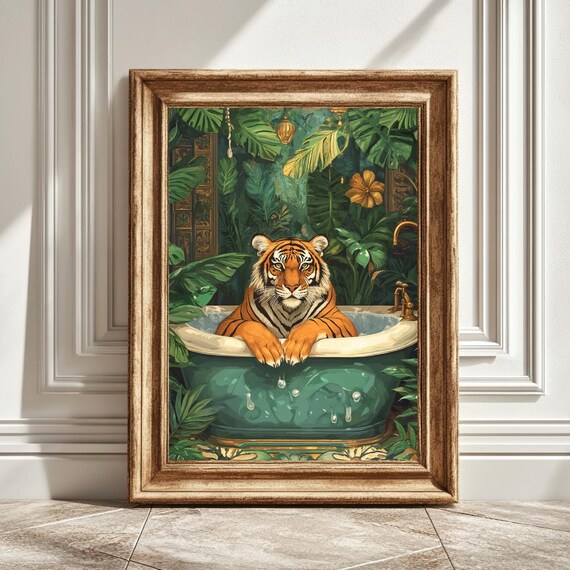 Bathtub Tiger Art Print, Flower Artwork