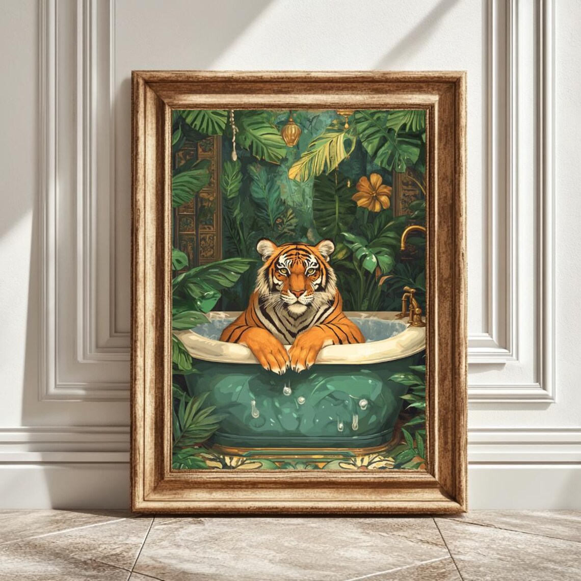 Bathtub Tiger Art Print, Flower Artwork