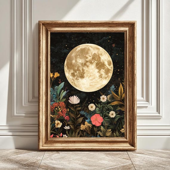 Full Moon Flowers Art Print, Botanical Moon Artwork