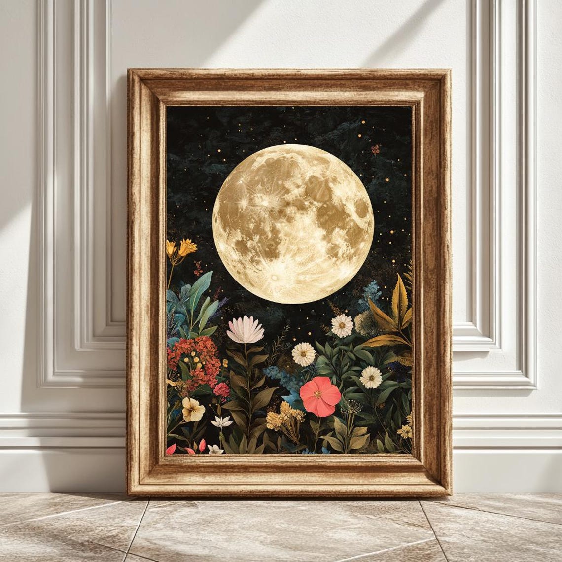 Full Moon Flowers Art Print, Botanical Moon Artwork