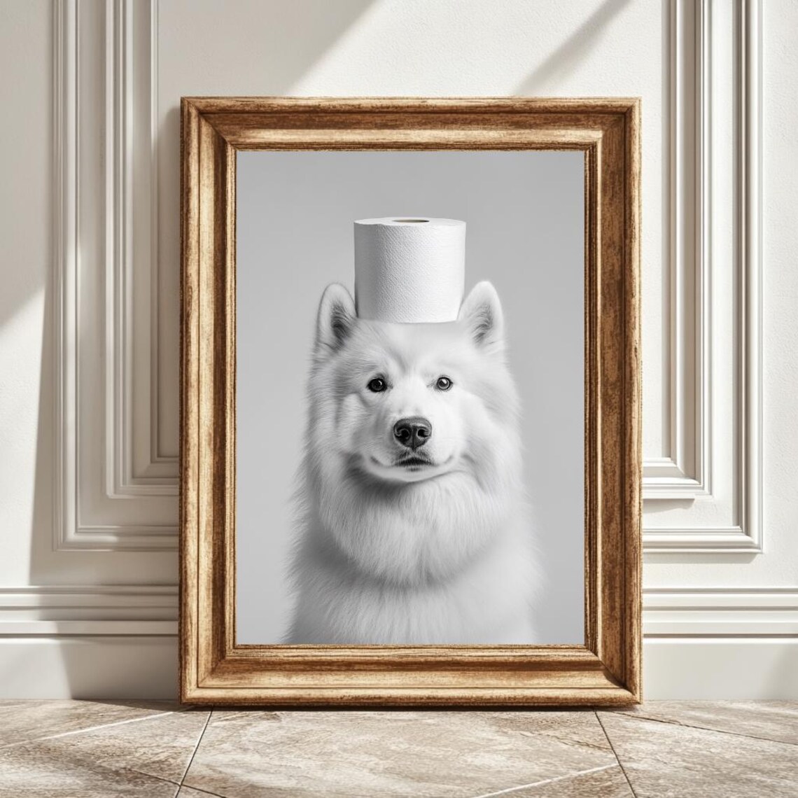 Samoyed With Toilet Paper Roll, Funny Dog Art Print